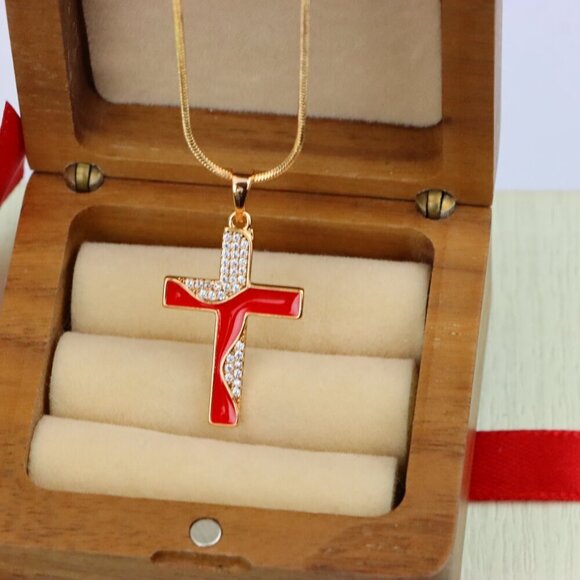 "Rose Gold Cross Pendant with Red Enamel and CZ Stone Detailing, XPPT1399 - Picture 10 of 13